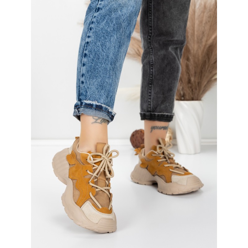 Pantofi Sport Dama din piele naturala 7110 YELLOW-CREAM | FRANCO GERARDO