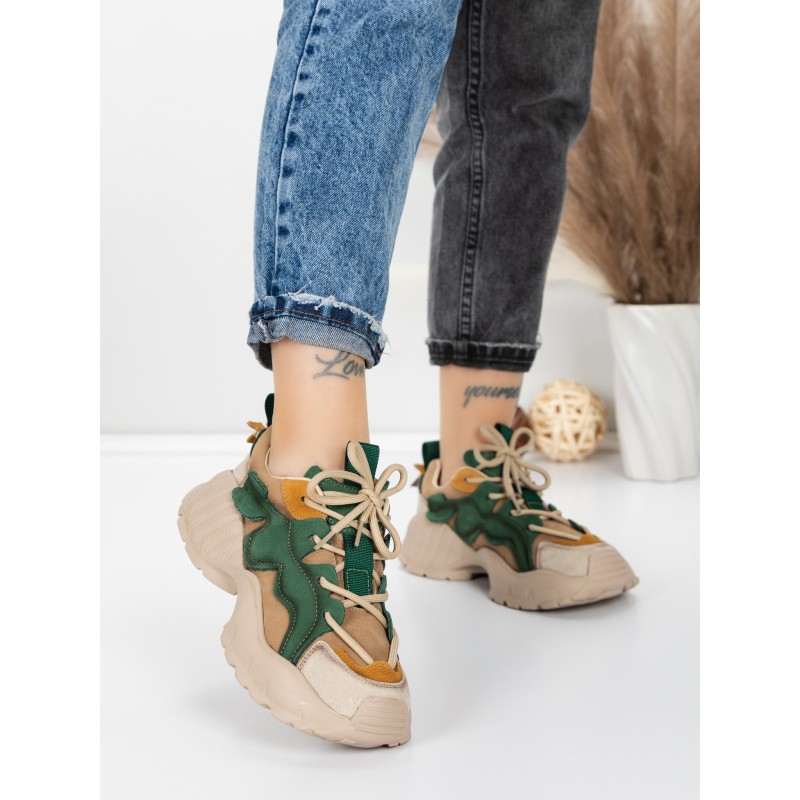 Pantofi Sport Dama din piele naturala 7110 GREEN-CREAM | FRANCO GERARDO