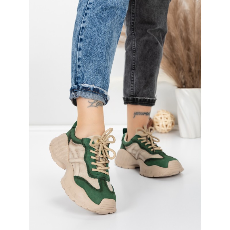 Pantofi Sport Dama din piele naturala 7109 GREEN-CREAM | FRANCO GERARDO