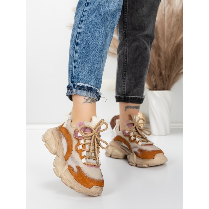 Pantofi Sport Dama din piele naturala Y5758-2 KHAKI-PINK | FRANCO GERARDO
