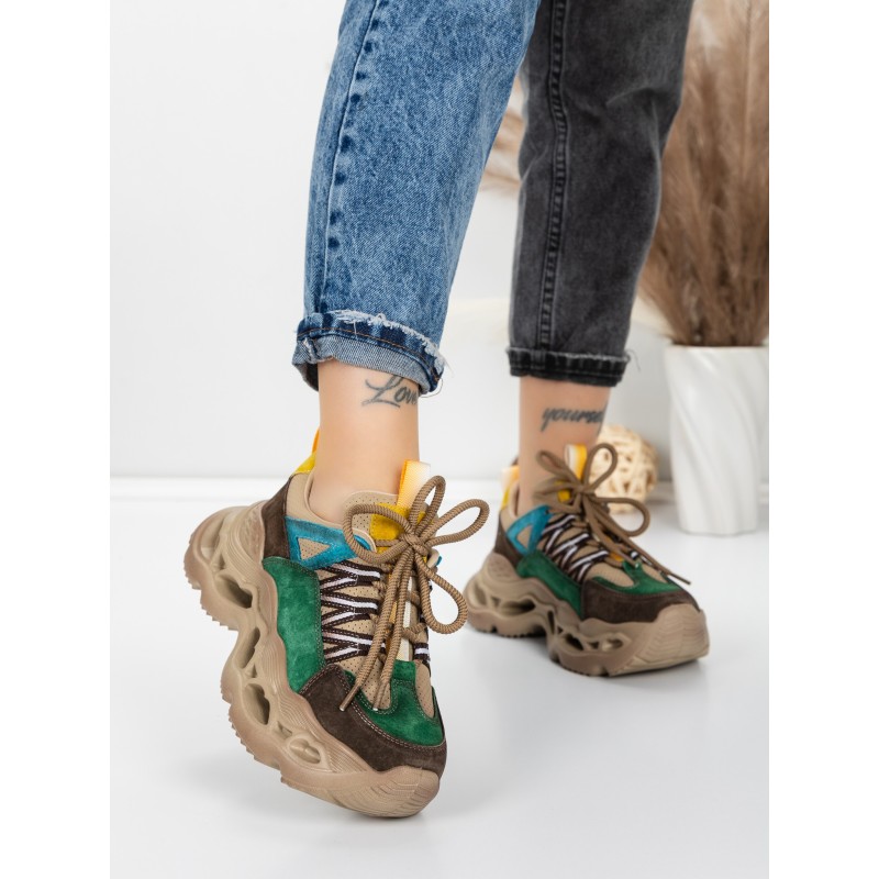 Pantofi Sport Dama din piele naturala HY6383 GREEN-YELLOW | FRANCO GERARDO