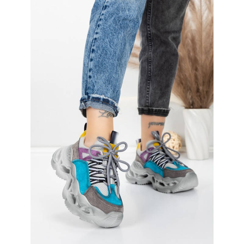 Pantofi Sport Dama din piele naturala HY6383 LIGHT BLUE-YELLOW | FRANCO GERARDO