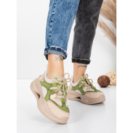 Pantofi Sport Dama din piele naturala 2577 CREAM-LIGHT GREEN | FRANCO GERARDO