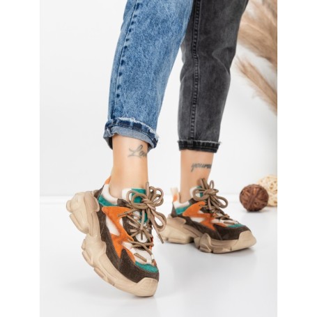 Pantofi Sport Dama din piele naturala HY5798 COFFEE-LIGHT GREEN | FRANCO GERARDO