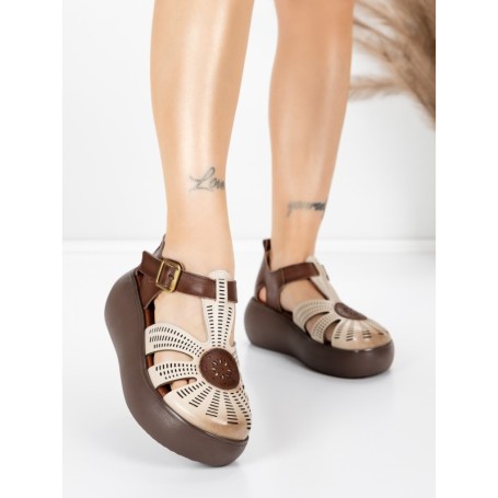 Sandale Dama din piele naturala 10682 CREAM-BROWN | ADVANCER