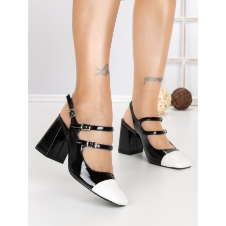 Pantofi cu Toc Gros B-3371 WHITE-BLACK | BUONAROTTI