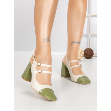 Pantofi cu Toc Gros B-3371 GREEN-WHITE | BUONAROTTI