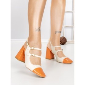 Pantofi cu Toc Gros B-3371 ORANGE-WHITE | BUONAROTTI