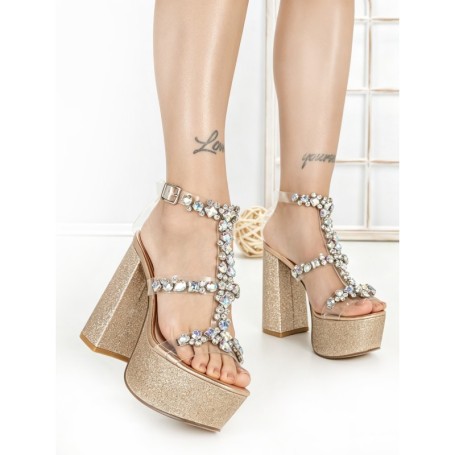 Sandale Dama cu Toc Gros si Platforma M-1 GOLD | CHERIE