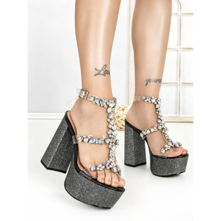 Sandale Dama cu Toc Gros si Platforma M-1 BLACK | CHERIE