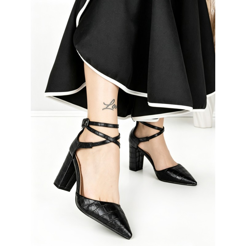 Pantofi cu Toc Gros 7063 BLACK | BEUE SHOES