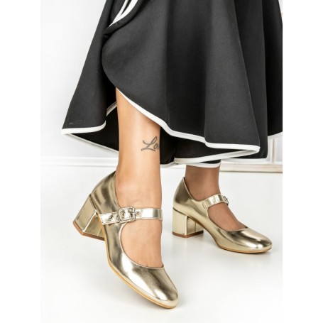Pantofi cu Toc Gros 77-558 GOLD | CM