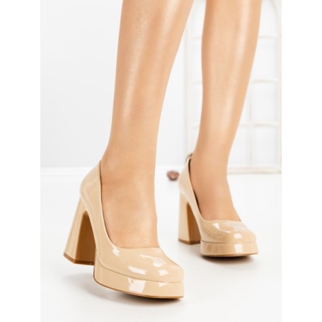 Pantofi cu Toc Gros si Platforma 8243 BEIGE | CM